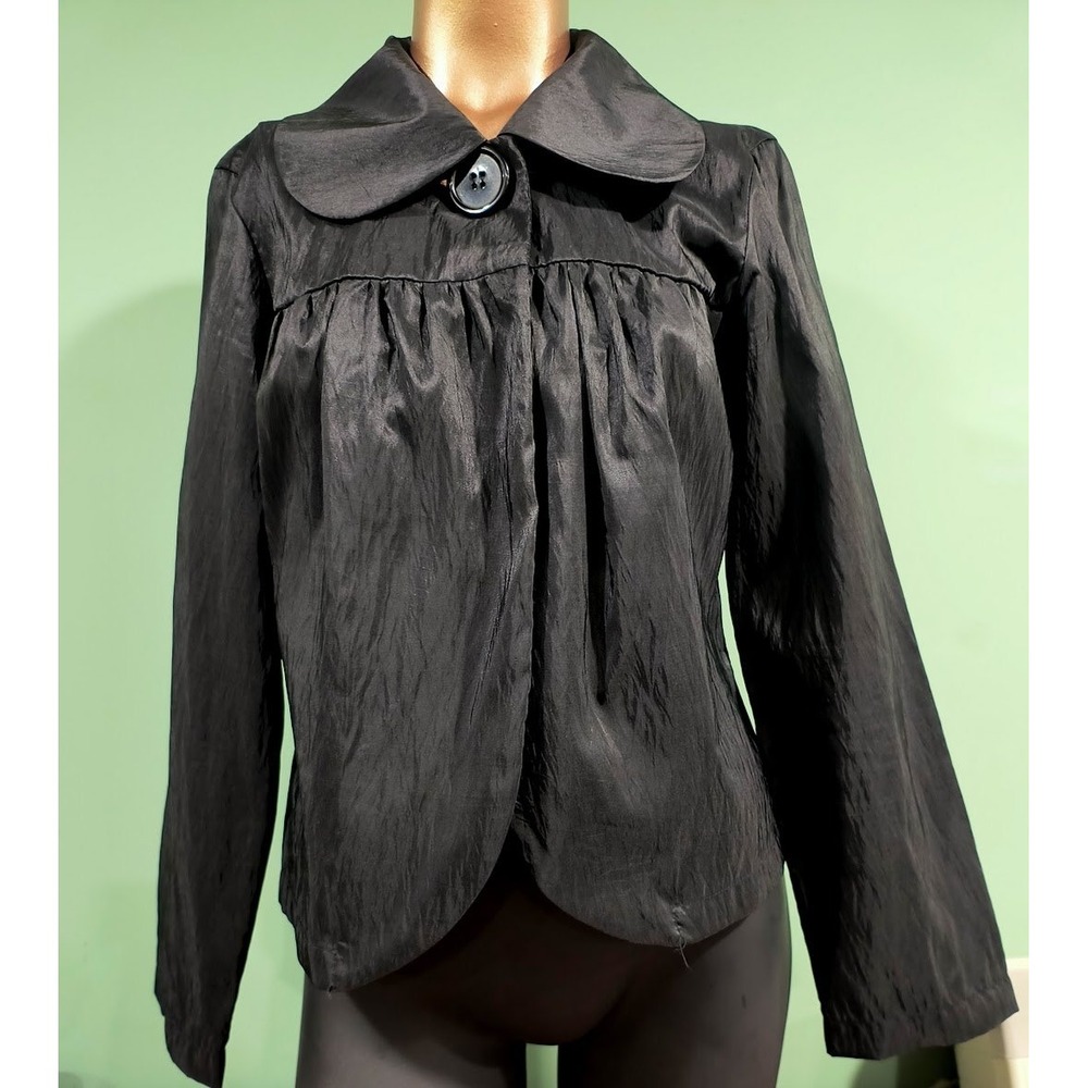 Steve Madden Womens Black Crinkle Shimmer Peter Pan Collar Cropped Jacket Small